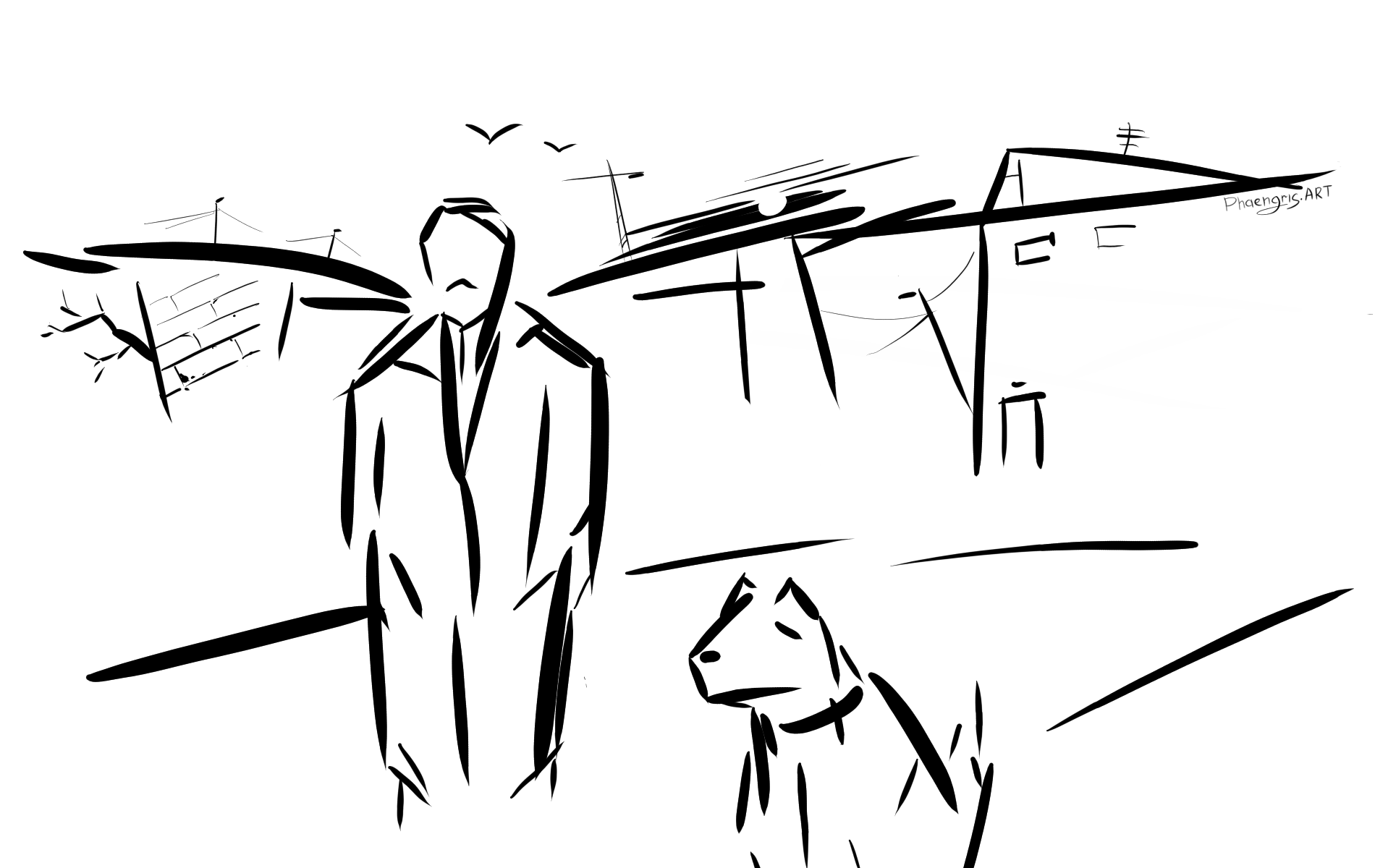 A black and white sketch of a man and his dog, with citylike background behind them